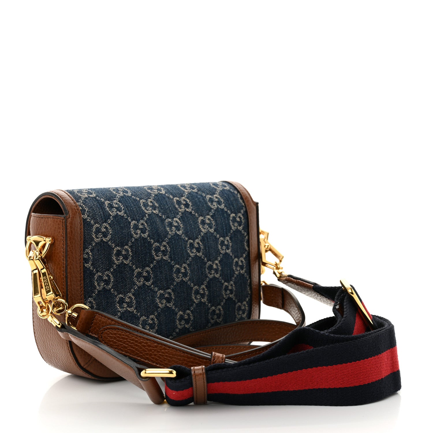 Gucci New Denim GG Monogram Dollar Calfskin Web Mini Horsebit 1955 Shoulder Bag Blue Tea Cuir Epilog Blue Tea Cuir Epilog 3 of 10