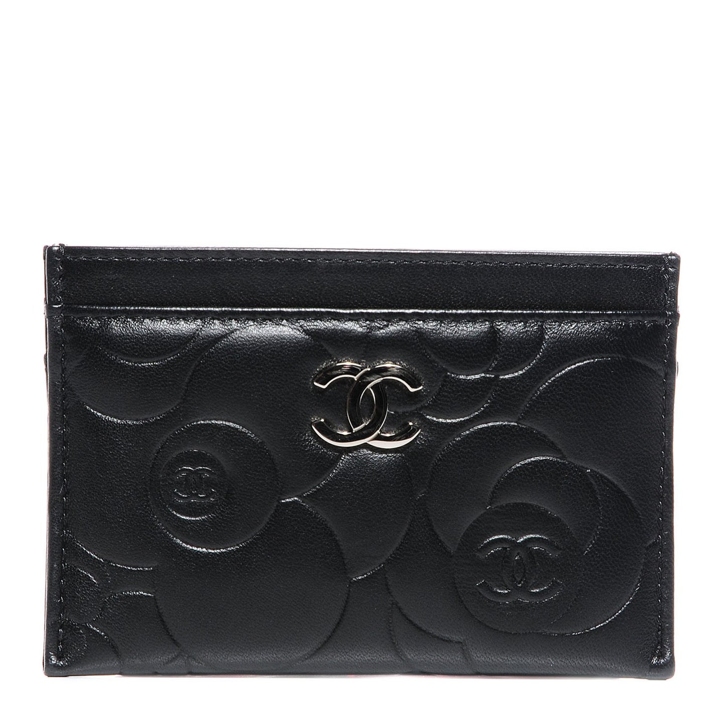 Lambskin Camellia Embossed Card Holder Black
