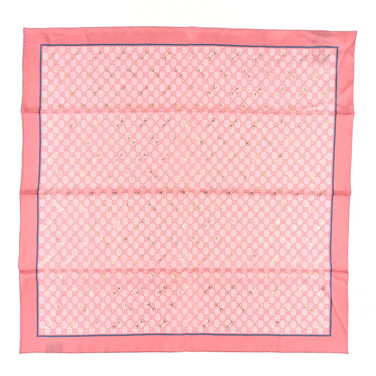 Gucci Silk Twill GG Monogram GG Gold Horsebit Square Scarf Pink Sky Blue 1 of 3