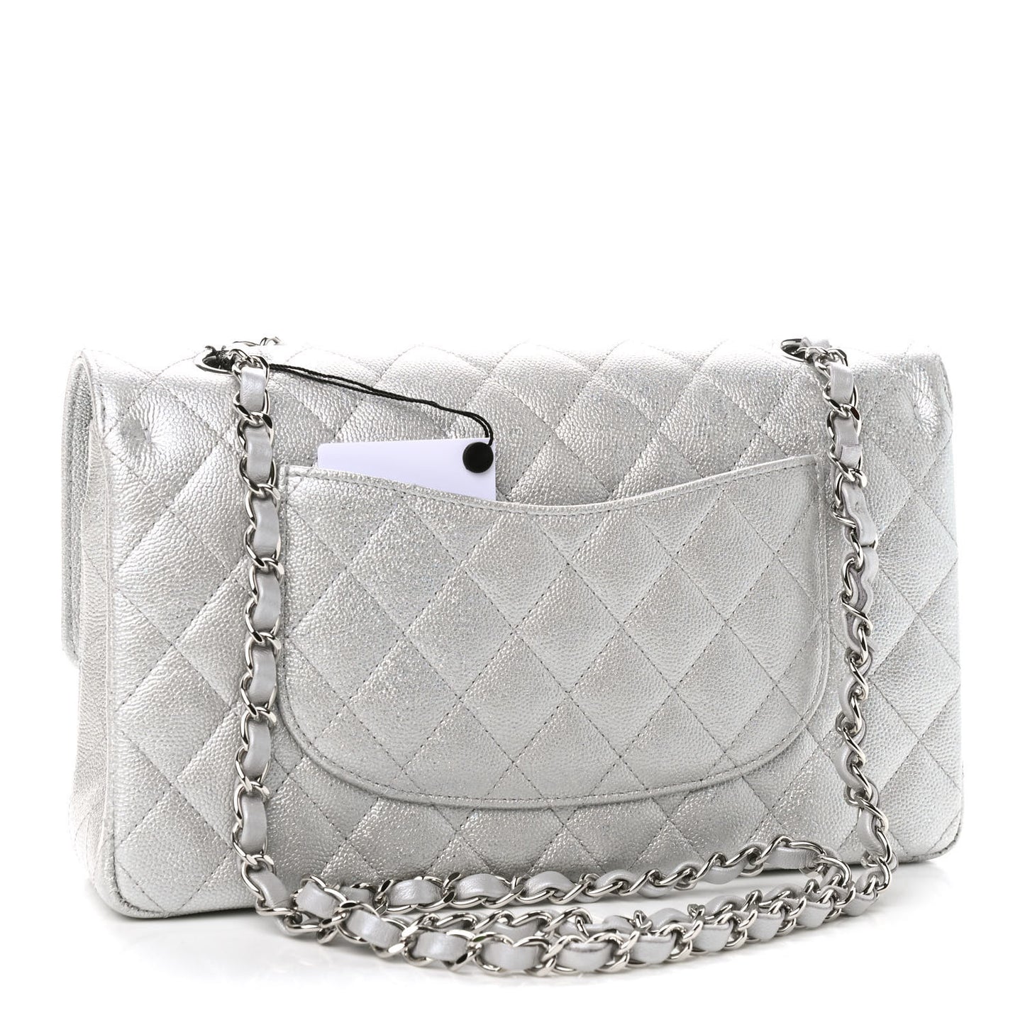 Glittered Metallic Caviar Quilted Medium Double Flap Silver