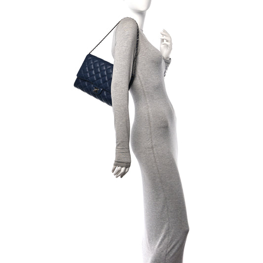 Lambskin Quilted Clutch with Chain Flap Navy