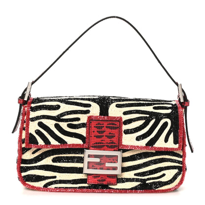 Fendi Silk Lizard Raffia Embroidery Tiger Print Baguette Re Edition 26424 Black Natural Dark Red 1 of 10