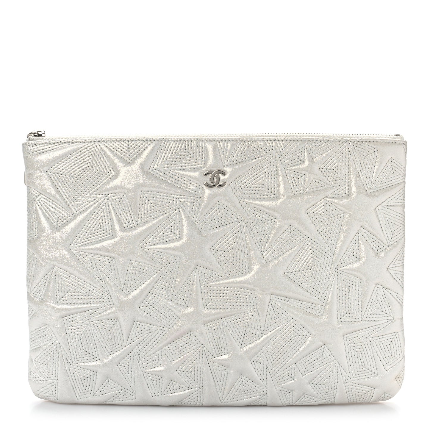 Metallic Lambskin Star Embossed Medium Cosmetic Pouch Light Silver