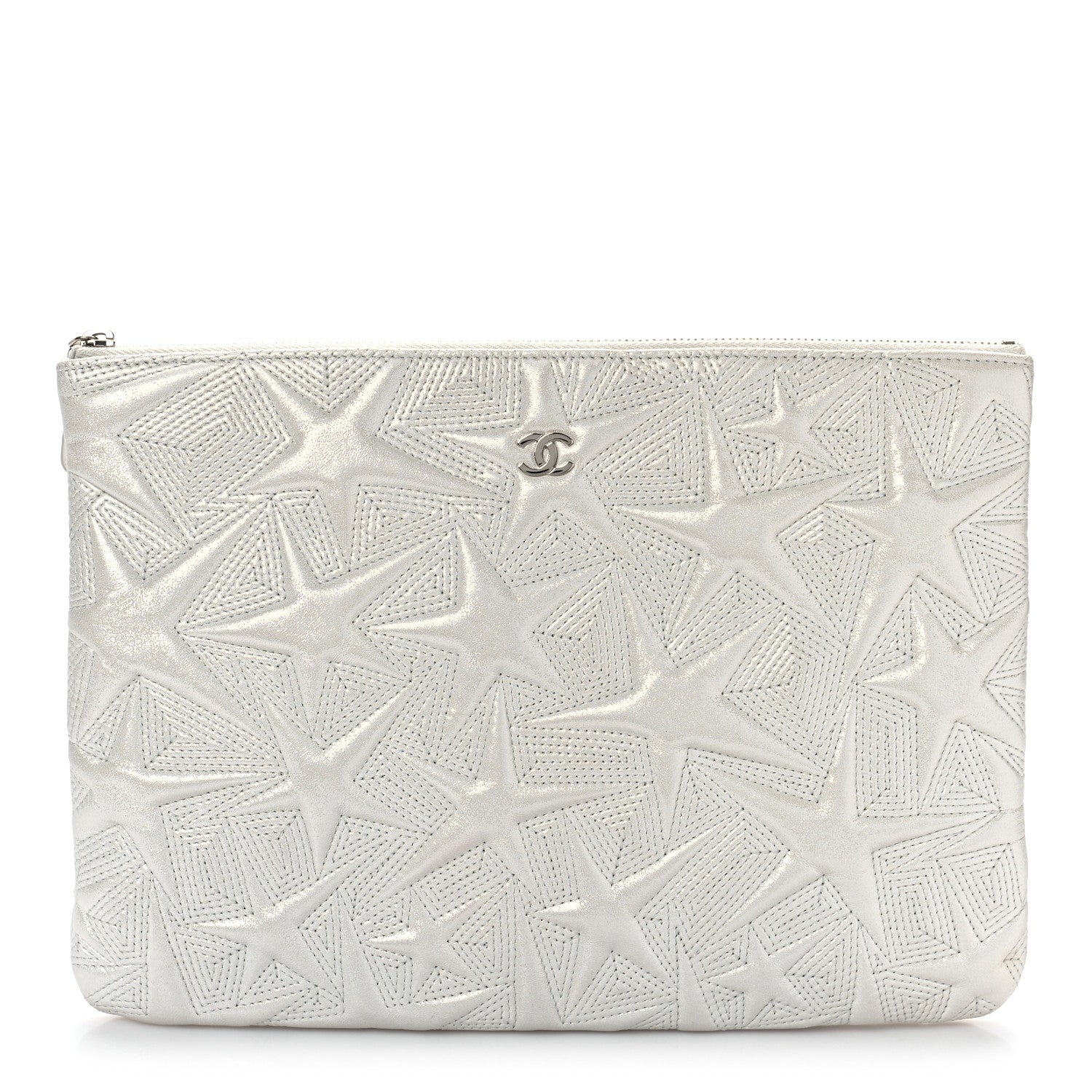 Chanel Metallic Lambskin Star Embossed Medium Cosmetic Pouch Light Silver 1 of 9