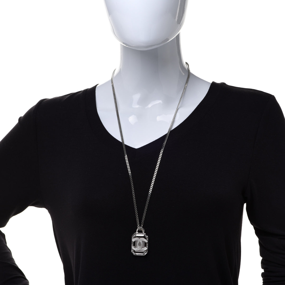 Crystal Baguette CC Mirror Pendant Necklace Silver