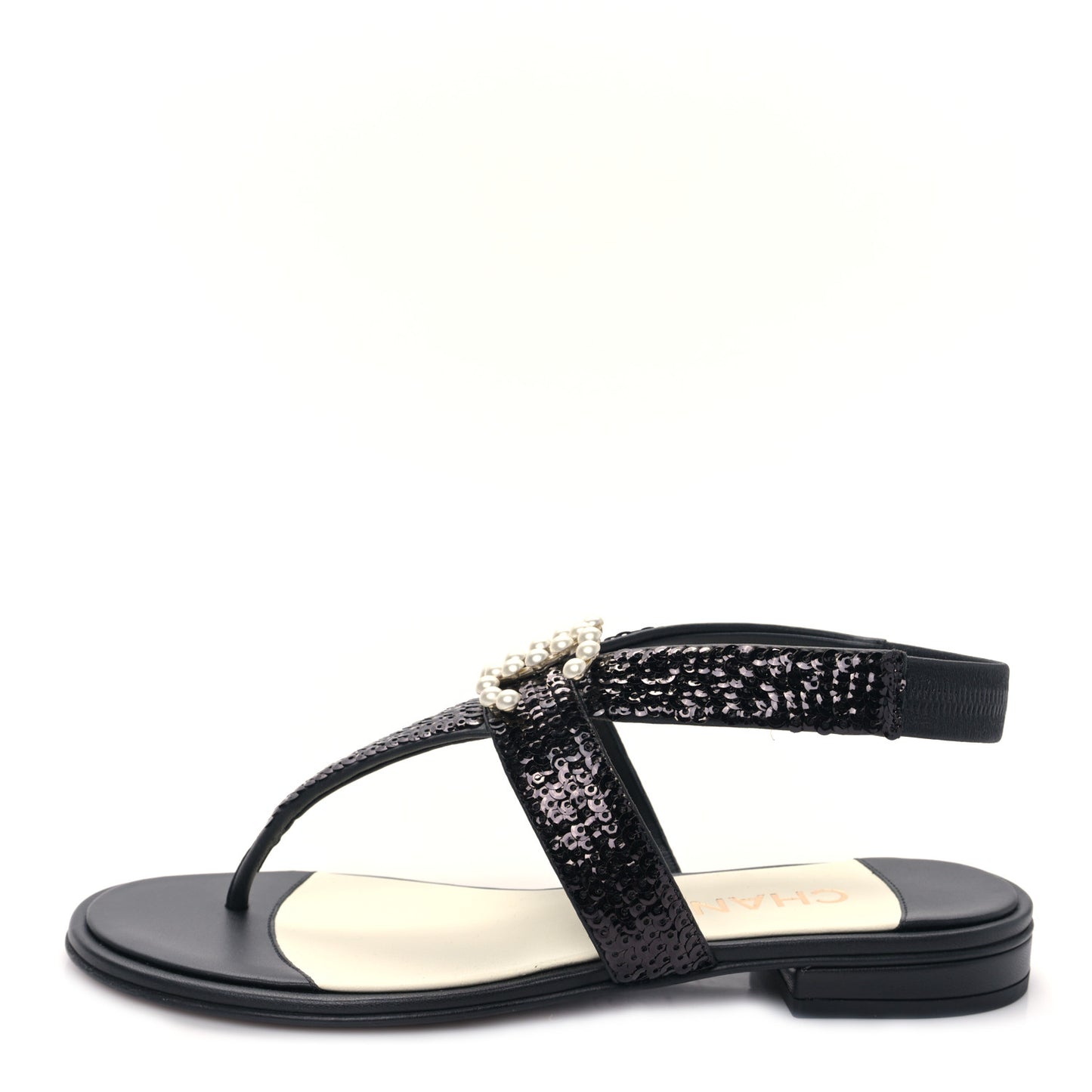 Lambskin Sequin Pearl CC Thong Sandals 36 Black