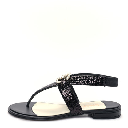 Chanel Lambskin Sequin Pearl CC Thong Sandals 36 Black 1 of 8