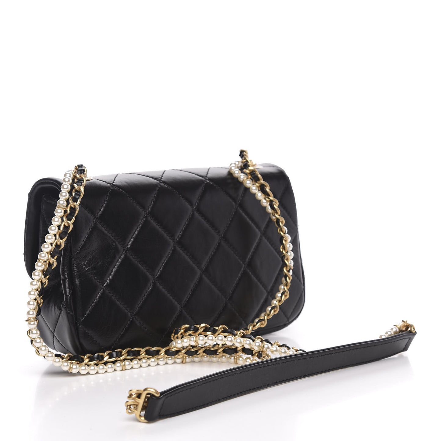 Calfskin Quilted Small Crystal Pearls Flap Bag Black