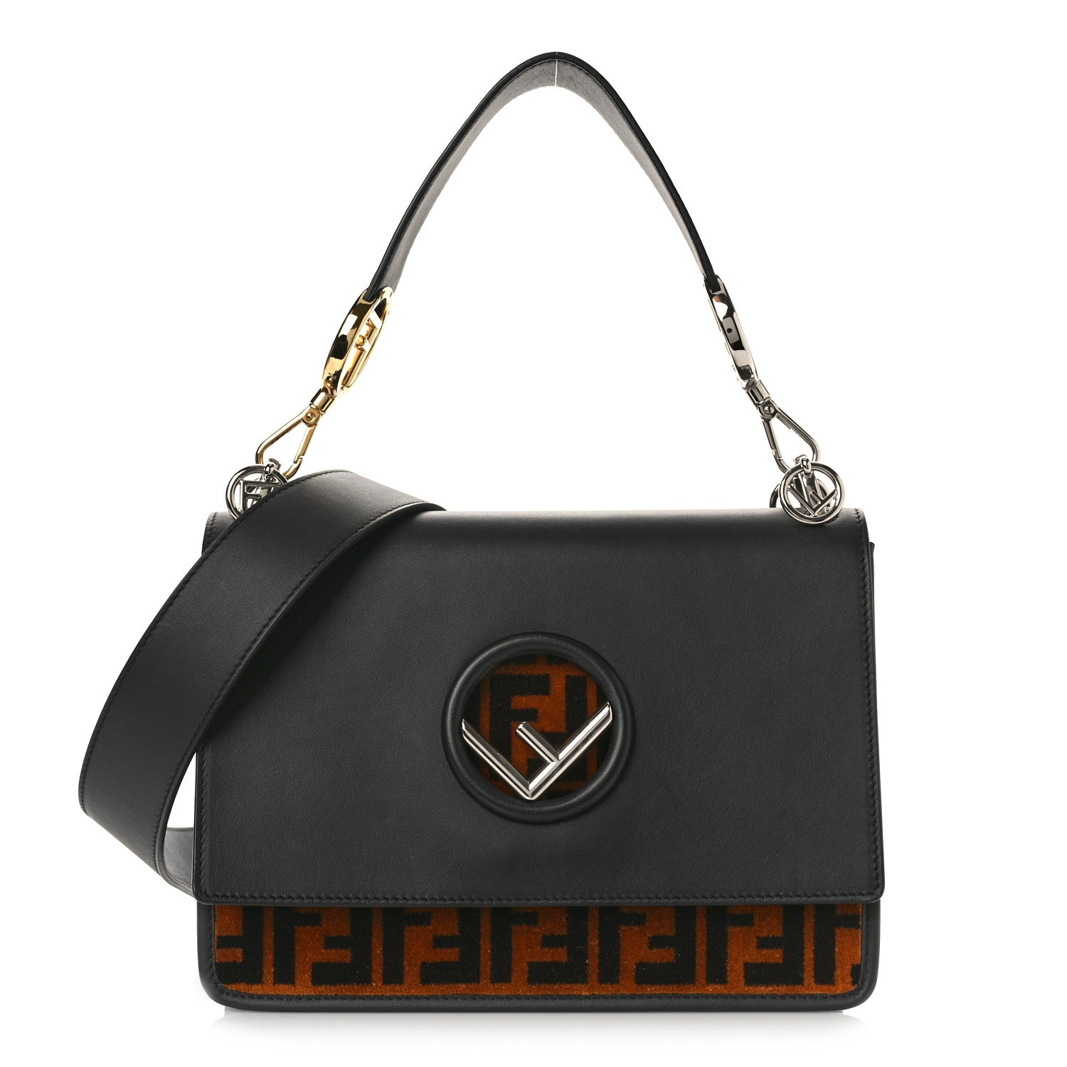 Fendi Vitello Century Velvet F is Fendi FF Kan I Shoulder Bag Black Tobacco 1 of 9