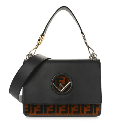 Fendi Vitello Century Velvet F is Fendi FF Kan I Shoulder Bag Black Tobacco 1 of 9
