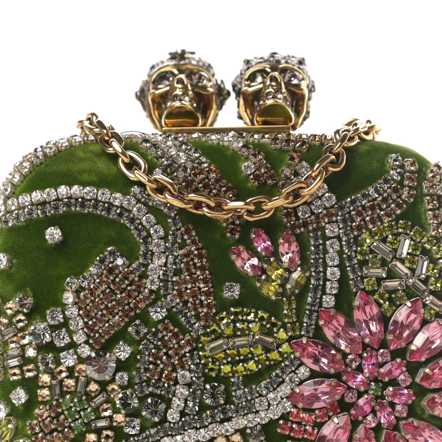 Velvet Embroidered Flower Queen and King Skull Box Chain Clutch Green Multicolor