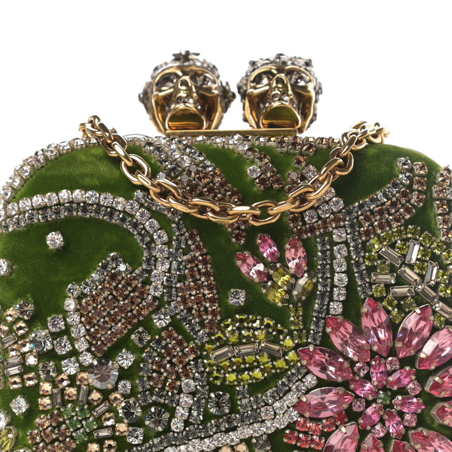 Alexander McQueen Velvet Embroidered Flower Queen and King Skull Box Chain Clutch Green Multicolor 8 of 13