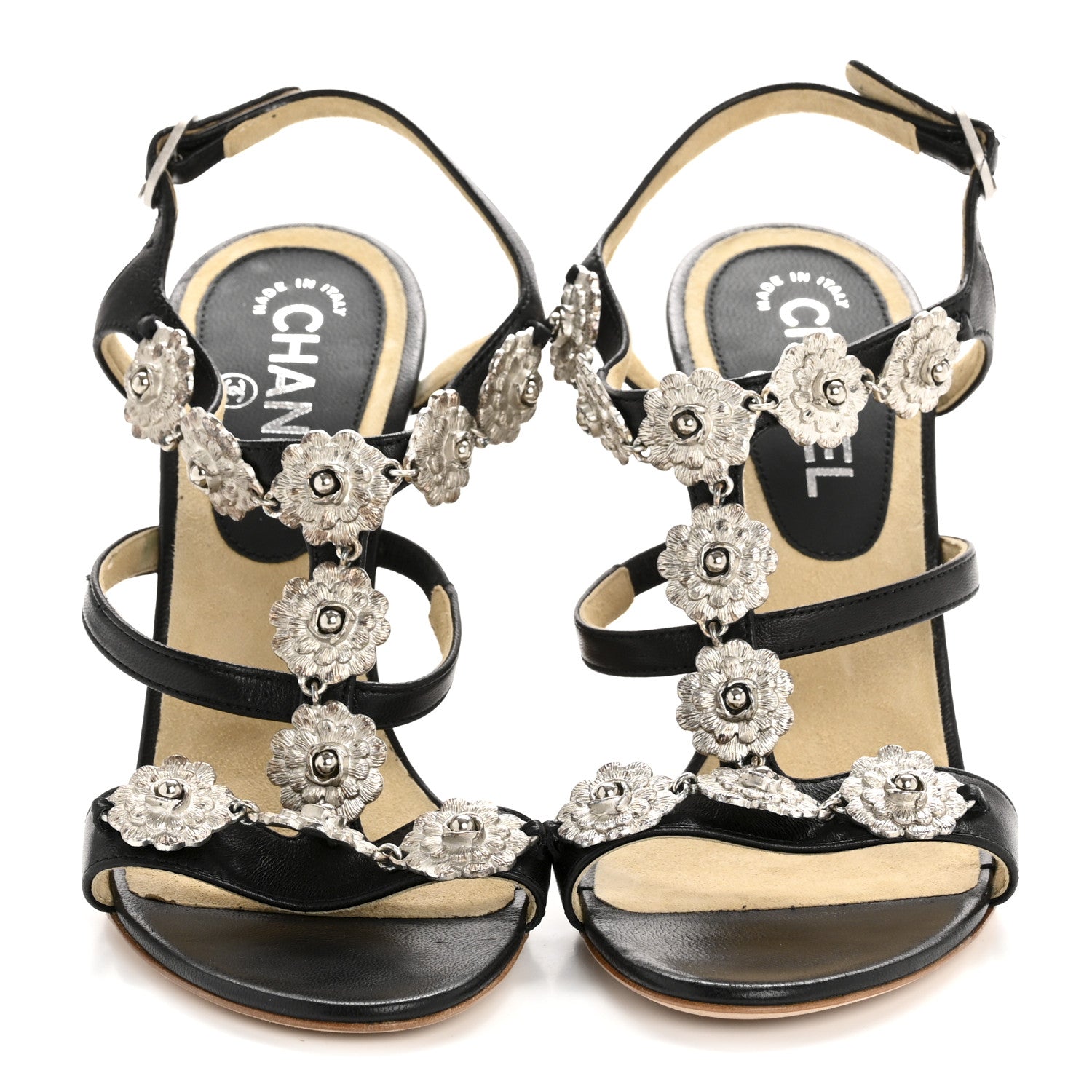 Chanel Lambskin Cork Camellia Wedge Sandals 37.5 Black 3 of 12