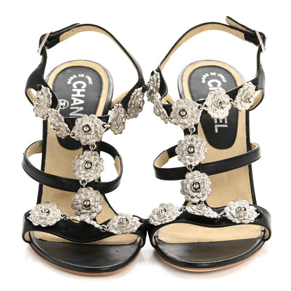 Chanel Lambskin Cork Camellia Wedge Sandals 37.5 Black 3 of 12