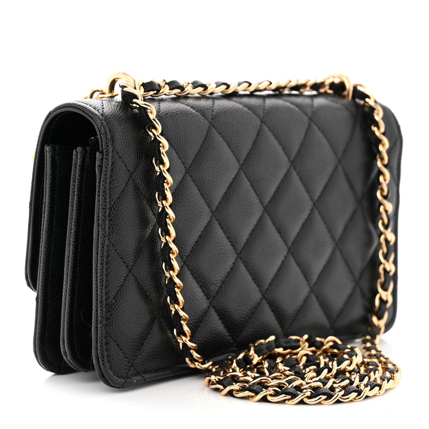 Shiny Caviar Quilted Flap Charm Wallet On Chain WOC Black