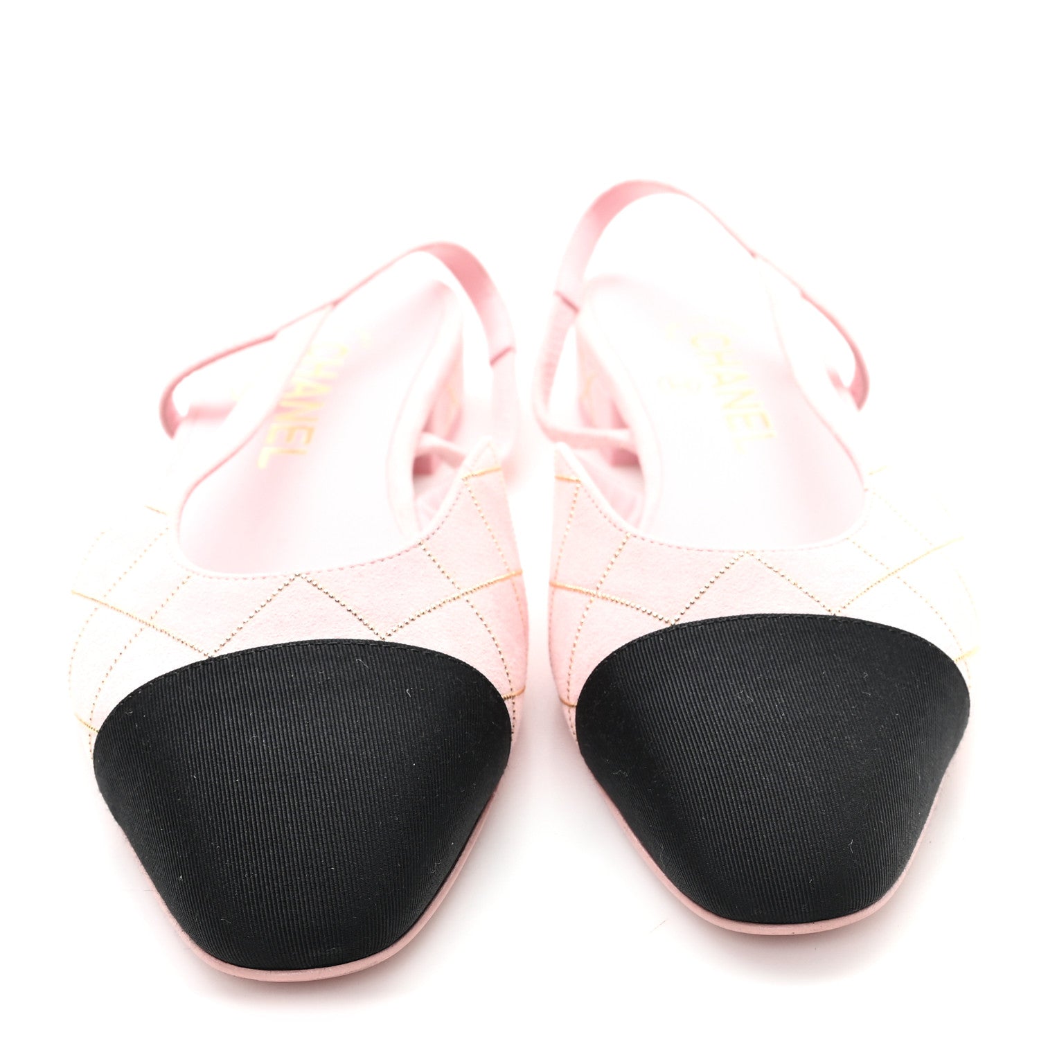 Chanel Suede Crystal Grosgrain Cap Toe CC Slingback Flats 37 Pink Gold Black 3 of 9