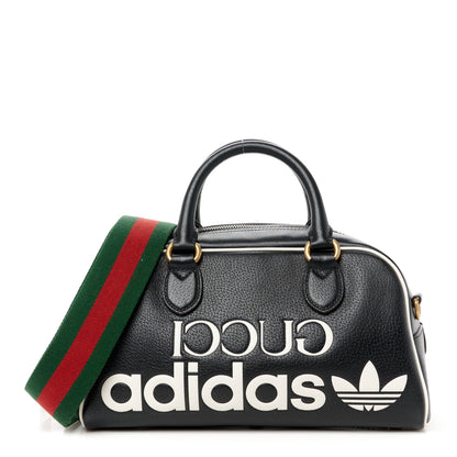 Gucci X ADIDAS Textured Dollar Calfskin Web Trefoil Logo Embossed Mini Bowling Bag Black Off White 1 of 11
