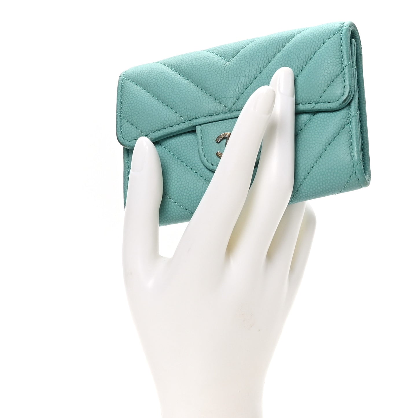 Caviar Flat Chevron Quilted Flap Card Holder Green