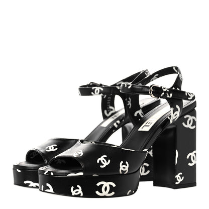 Chanel Printed Lambskin Coco Beach Platform Sandals 37 Black White 3 of 9