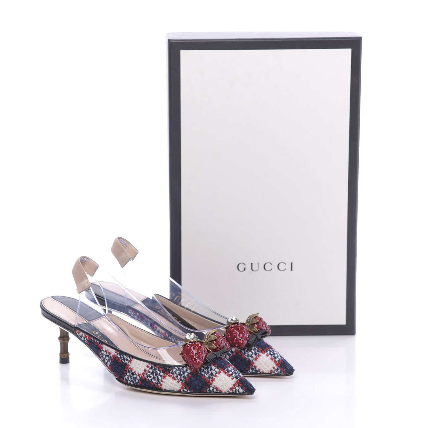 Tweed PVC Bamboo Strawberry Eleonor Low Heel Slingback Pumps 36 Marine Red
