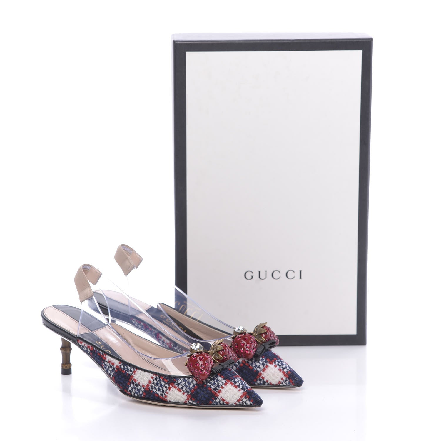 Gucci Tweed PVC Bamboo Strawberry Eleonor Low Heel Slingback Pumps 36 Marine Red 10 of 10