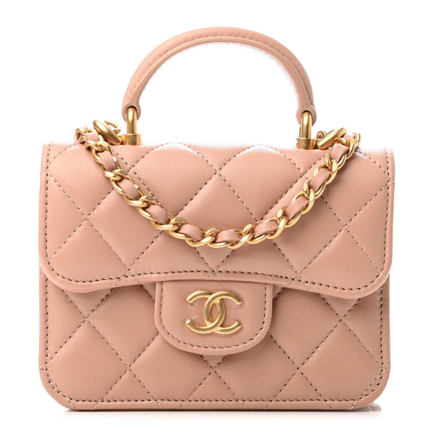 Lambskin Quilted Top Handle Flap Coin Purse With Chain Beige