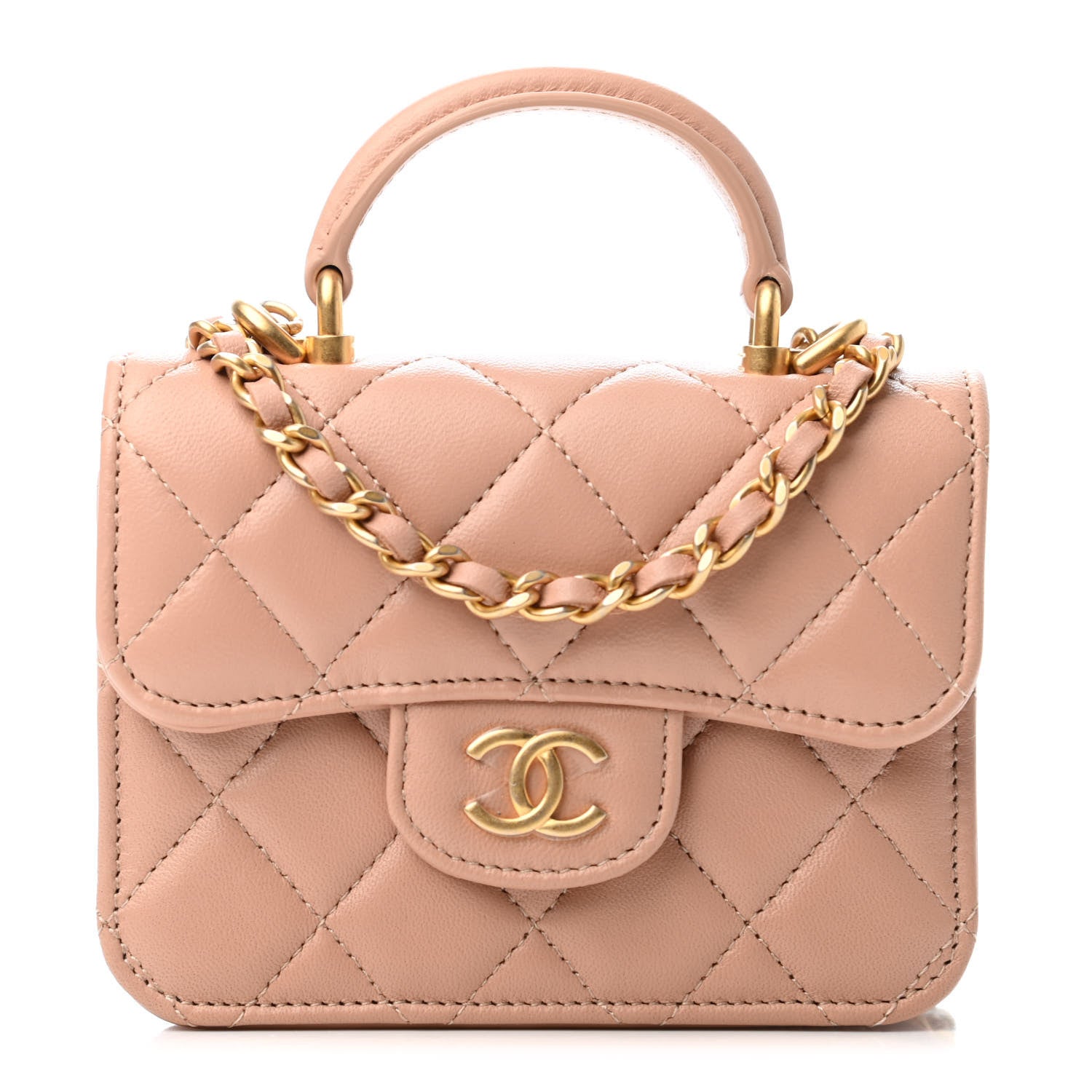 Chanel Lambskin Quilted Top Handle Flap Coin Purse With Chain Beige 1 of 4