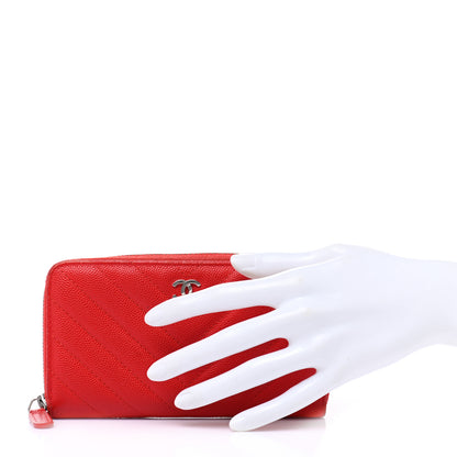 Chanel Caviar Chevron Quilted Medium Zip Around Wallet Red 2 of 18