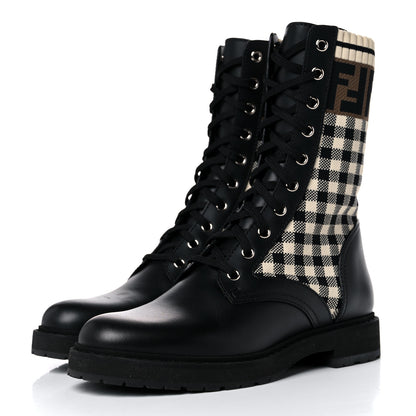 Fendi Vitello Stretch Fabric Vichy FF Rockoko Sock Combat Boots 38 Black Crema Tobacco 3 of 8