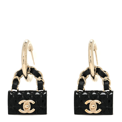 Chanel Metal Resin Lambskin Quilted CC Turnlock Chain Bag Hoop Earrings Black Gold 1 of 4