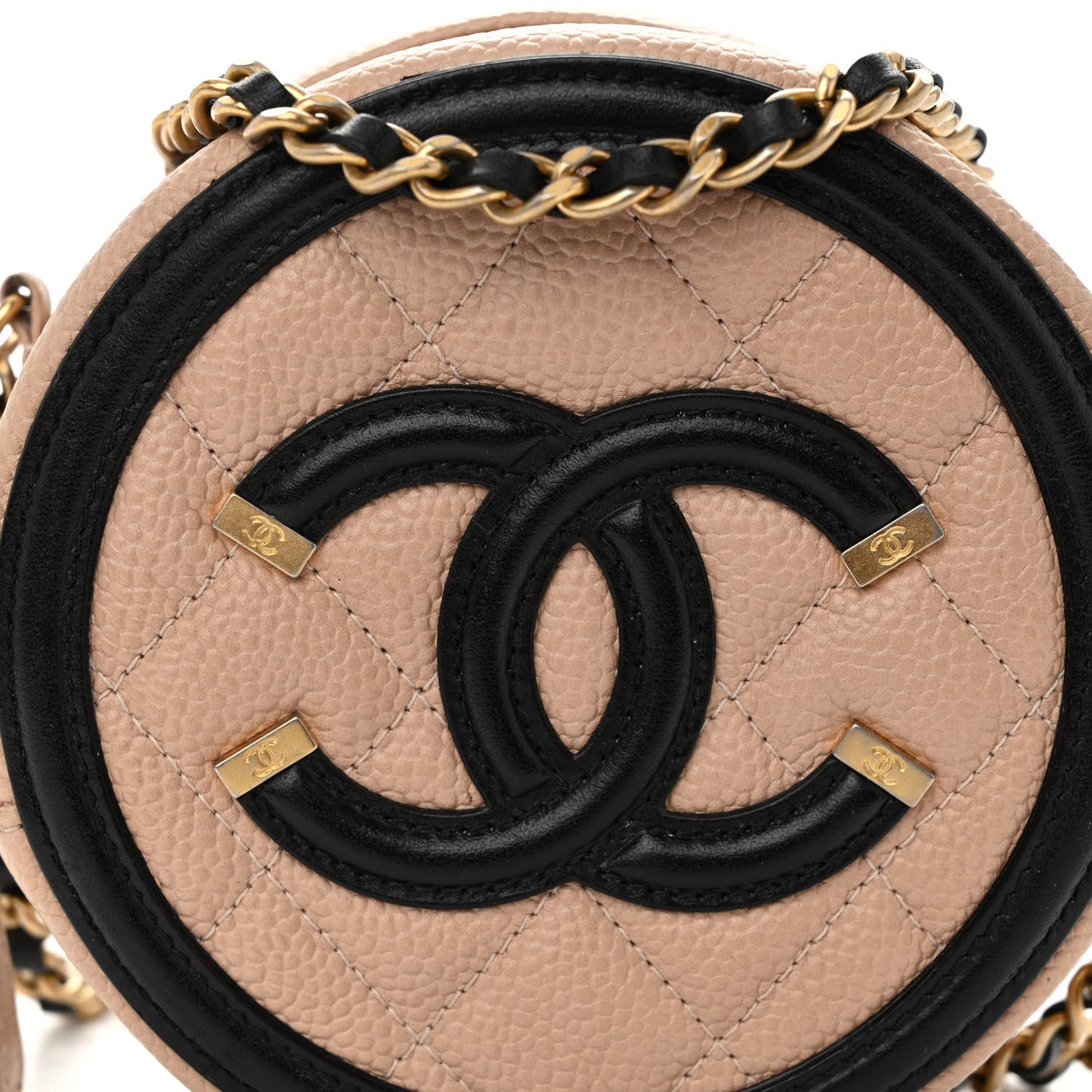 Caviar Quilted Round Filigree Crossbody Beige Black