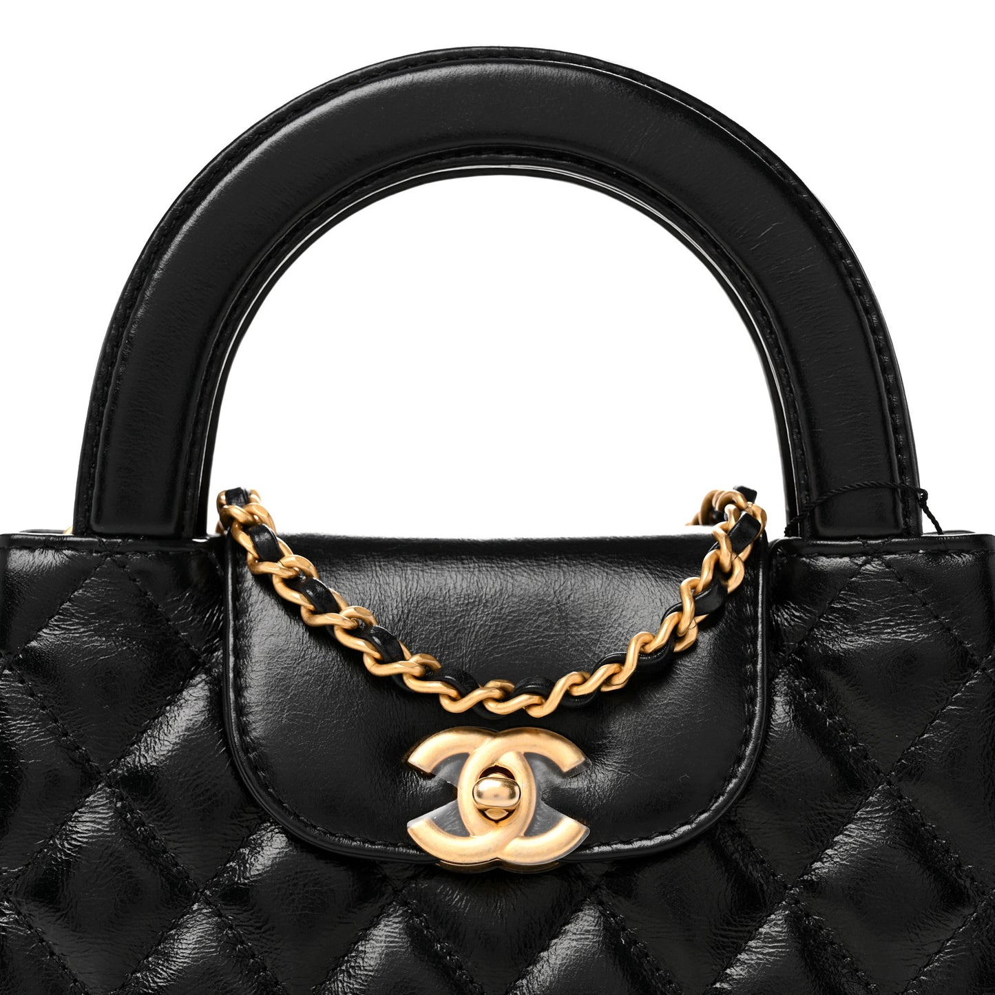 Shiny Aged Calfskin Quilted Nano Kelly Shopper Black