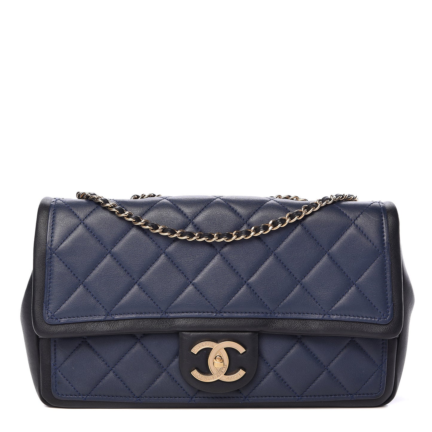 Lambskin Quilted Medium Graphic Flap Navy Black