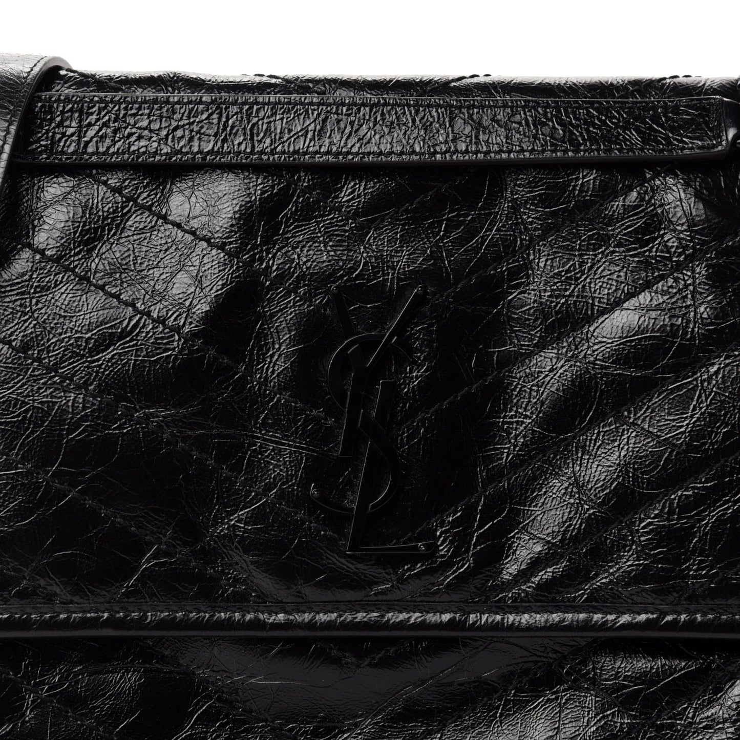 Crinkled Calfskin Matelasse Monogram Medium Niki Chain Satchel Black