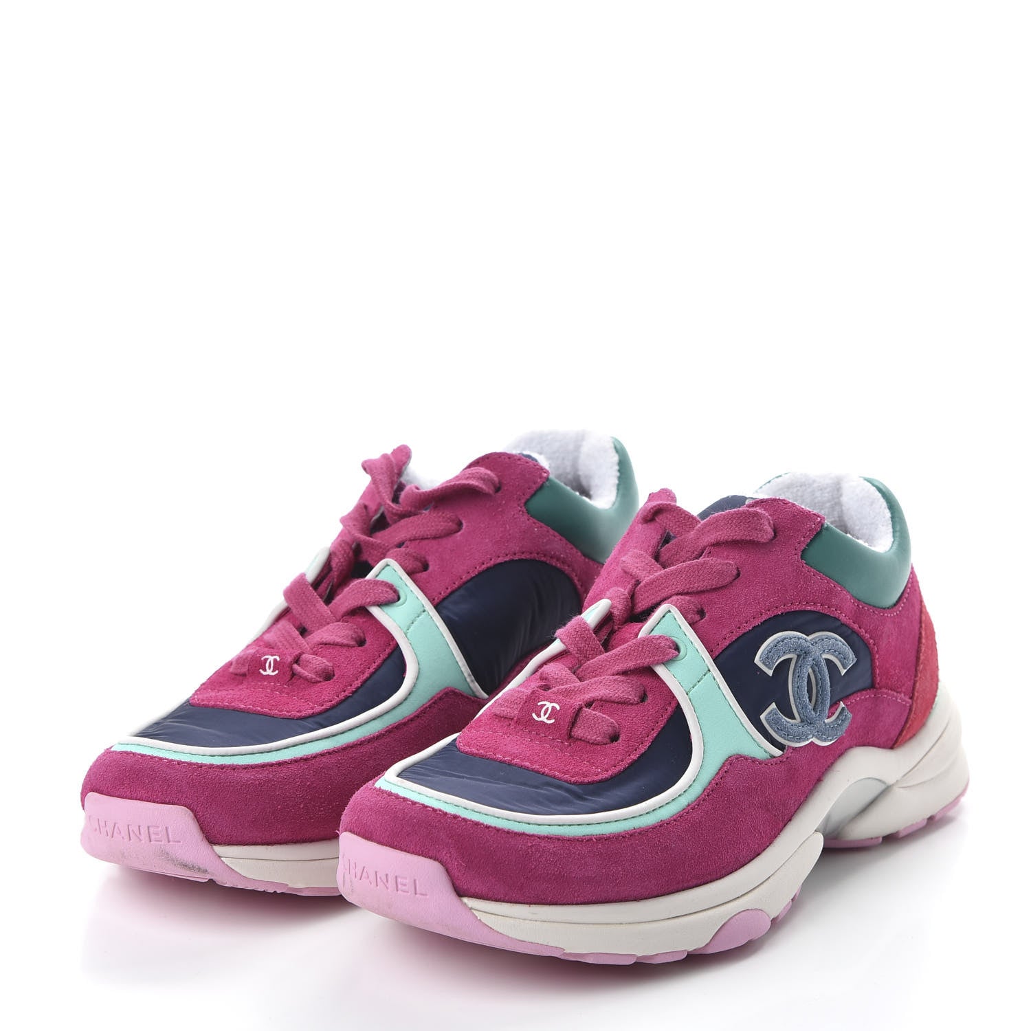 Chanel Nylon Lambskin Suede Calfskin CC Sneakers 36 Pink Green 3 of 9