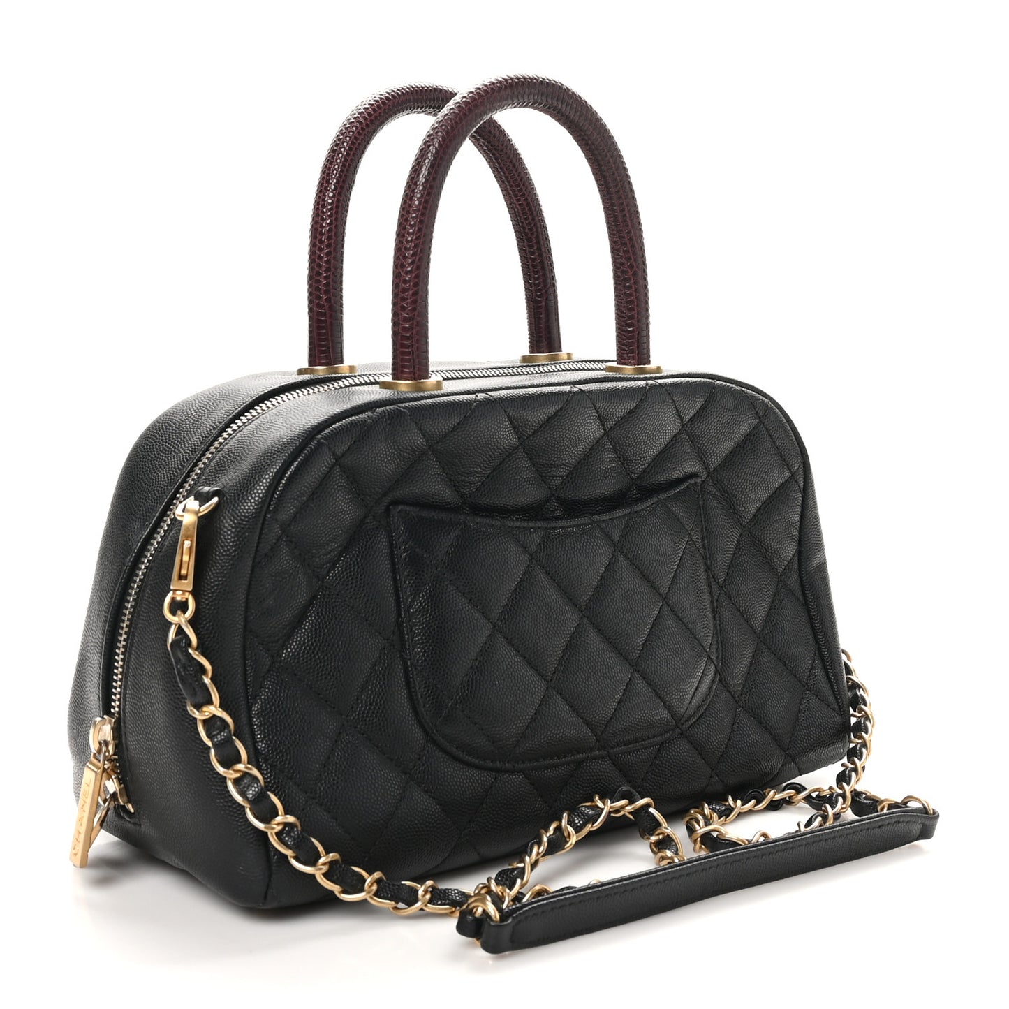 Caviar Lizard Quilted Coco Handle Bowler Black