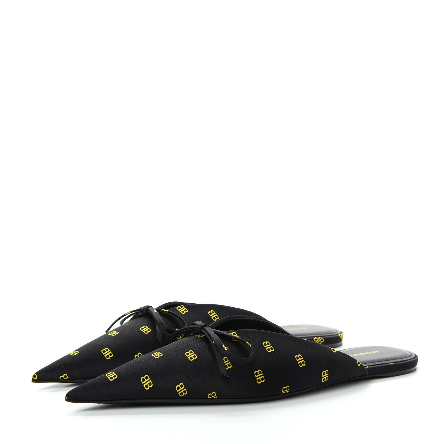 Crepe Satin BB Printed Pointy Toe Knife Flat Mules 37 Black Yellow Fluo