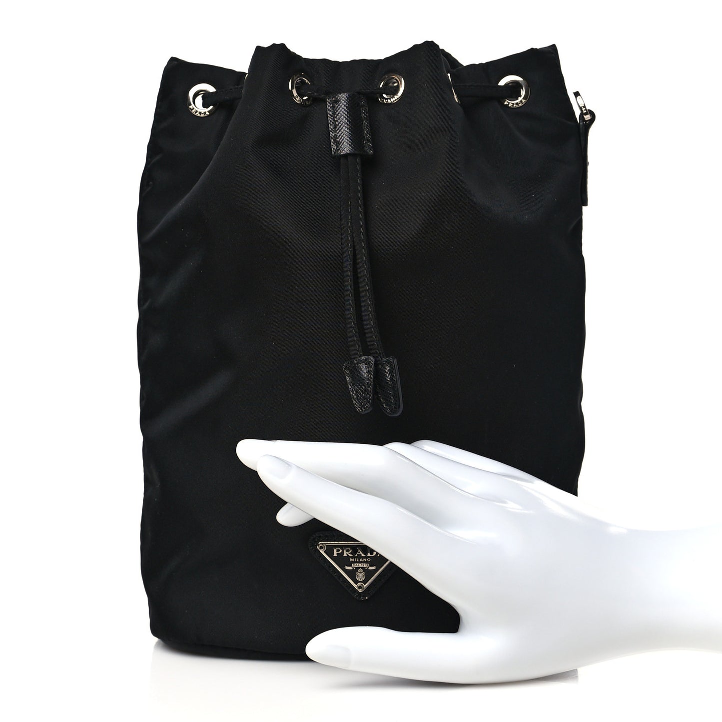 Saffiano Tessuto Nylon Vela Bucket Wristlet Black