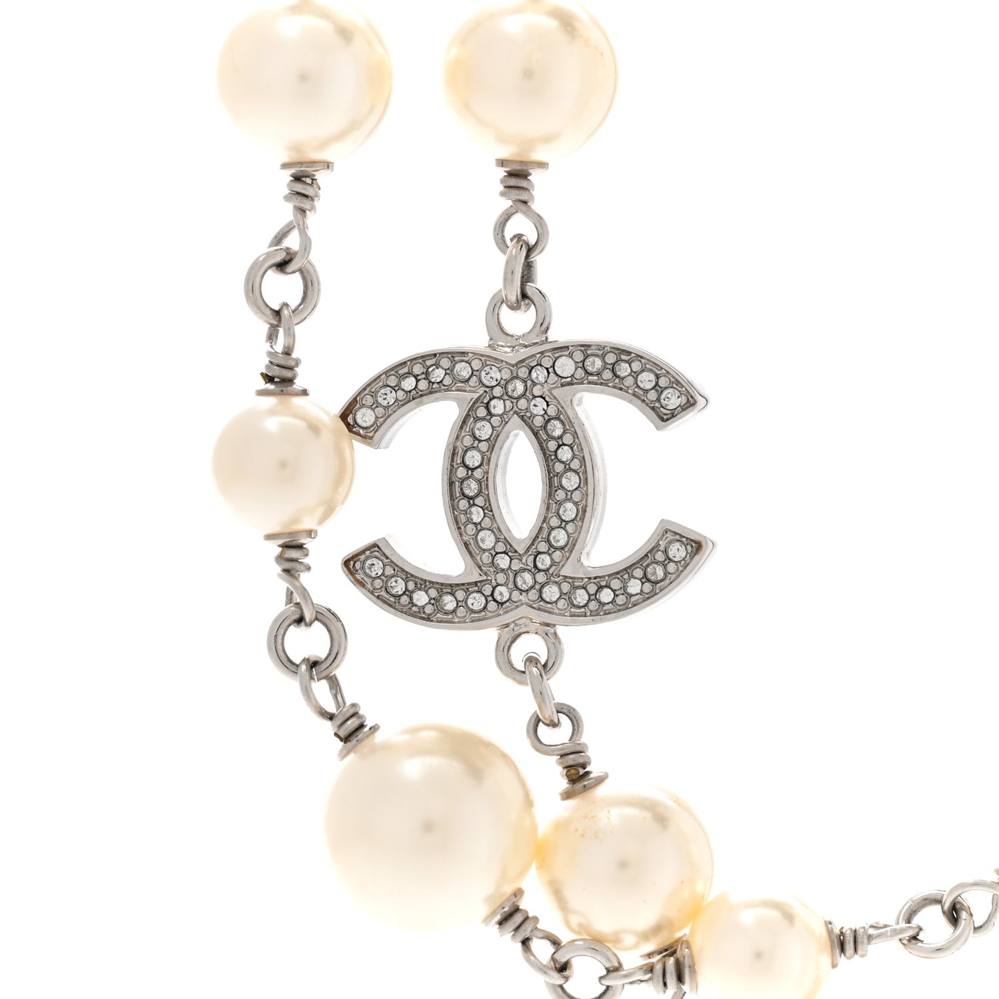Graduated Pearl Crystal CC Long Necklace Silver