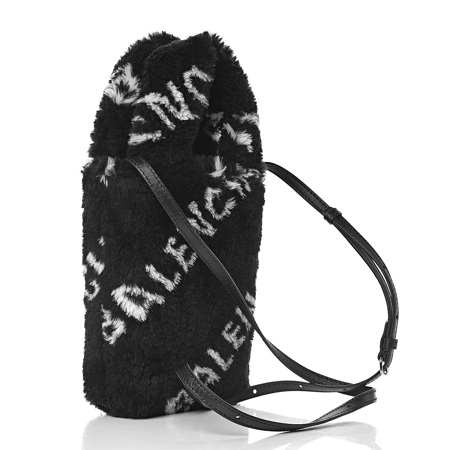 Balenciaga Faux Fur Diagonal Logo Everyday Phone Holder Tote Black White 3 of 11