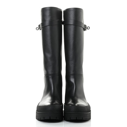 Hermes Coated Canvas Calfskin Barn Boots 37.5 Black 2 of 9