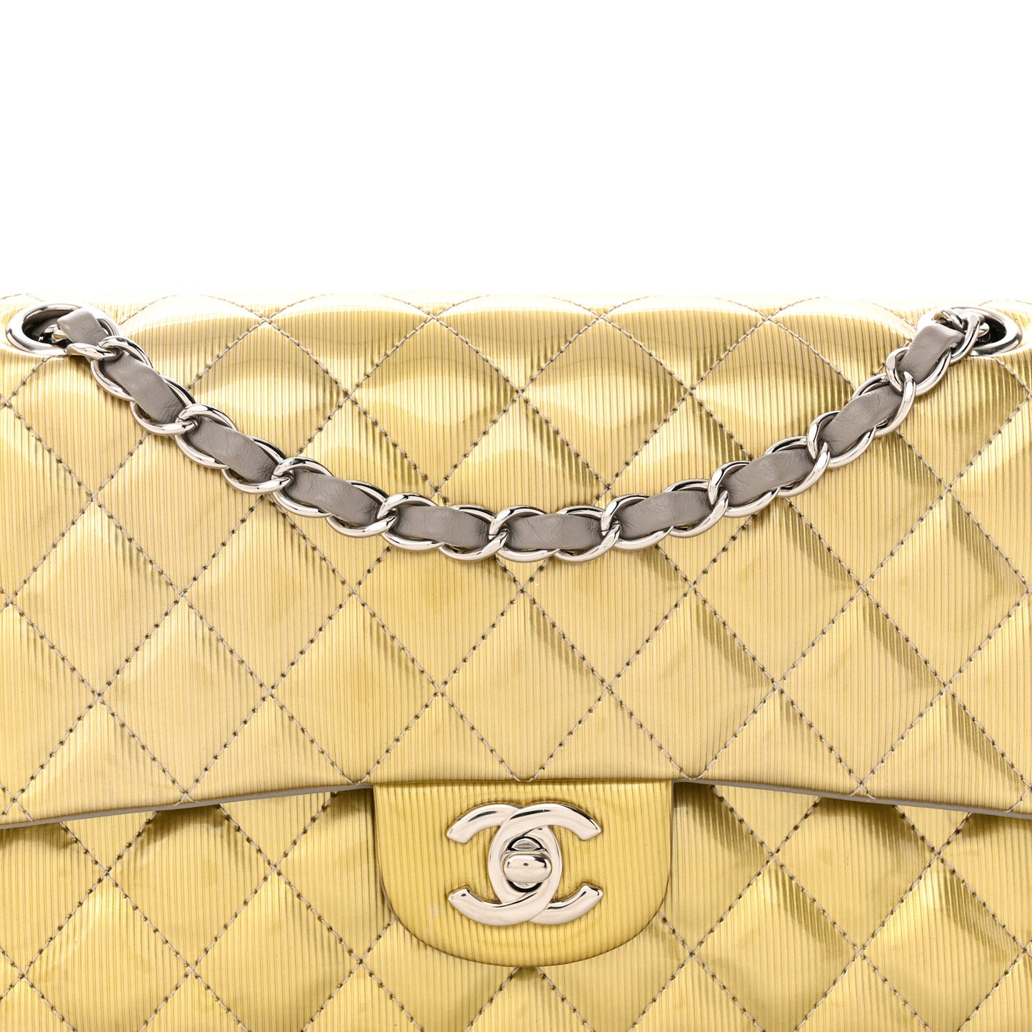 Striated Patent Quilted Medium Double Flap Gold
