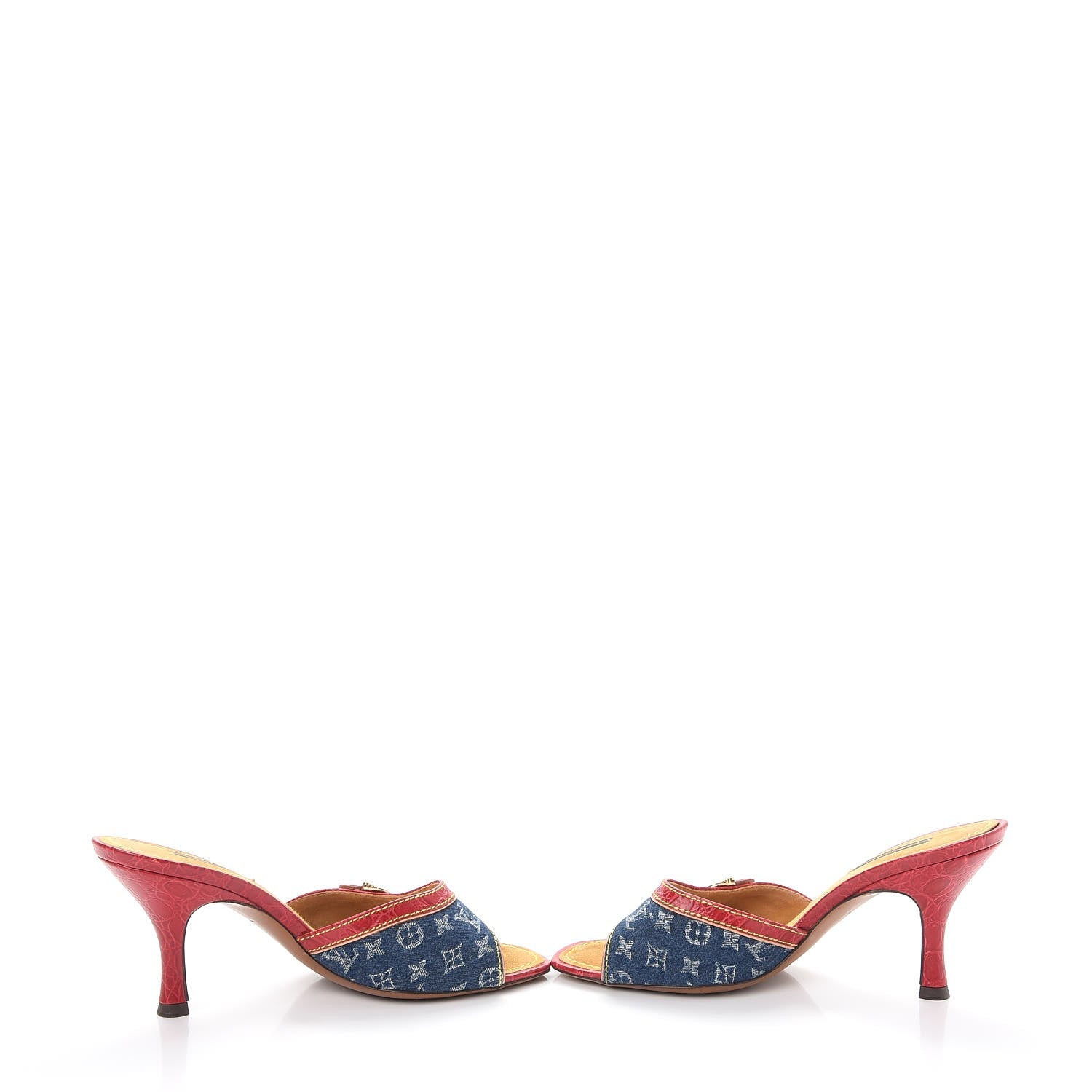 Louis Vuitton Denim Monogram Mules Peep Toe Heels 37 Blue Red 5 of 12