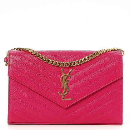 Saint Laurent Grain De Poudre Matelasse Chevron Monogram Chain Wallet Lipstick Fuchsia 1 of 7