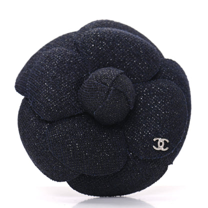 Chanel Tweed Camellia Pin Brooch Navy Blue 4 of 5