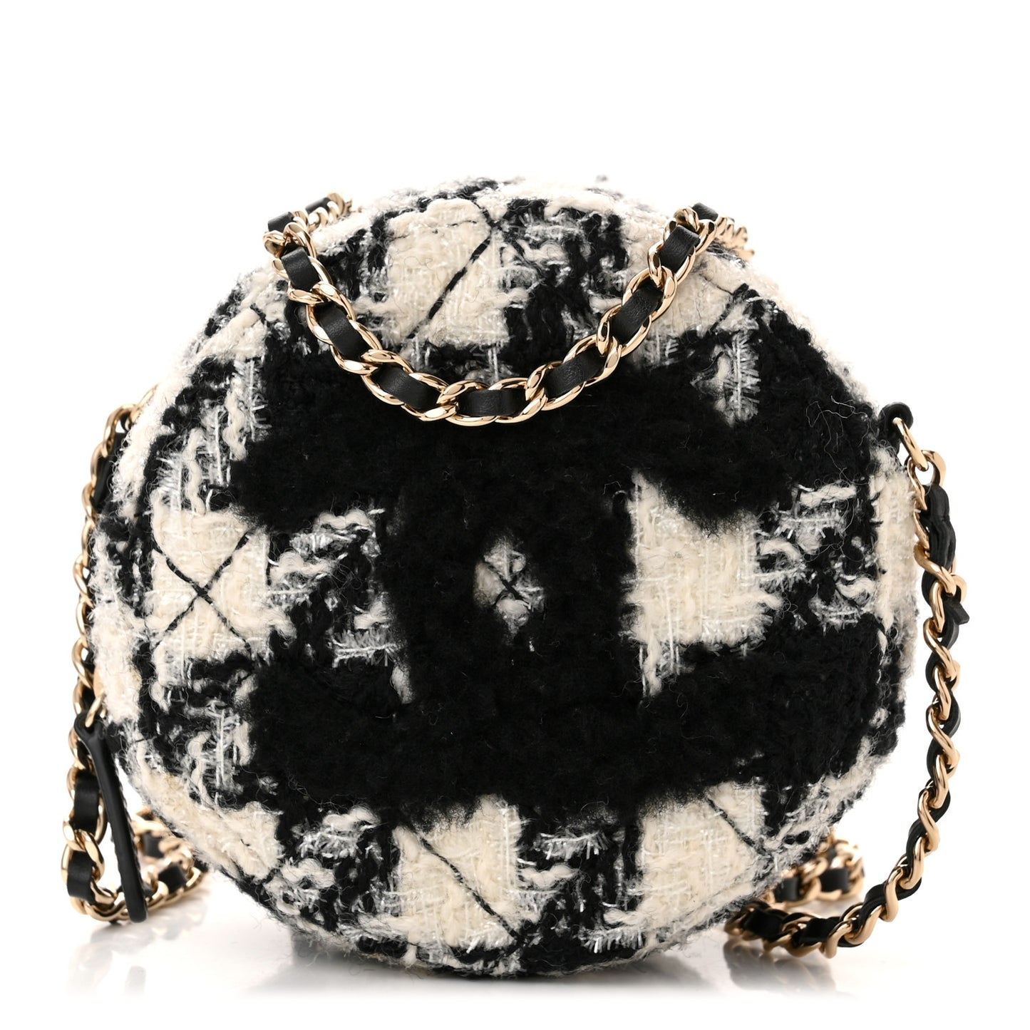 Tweed Shearling Round Clutch With Chain and Coin Purse Black and White