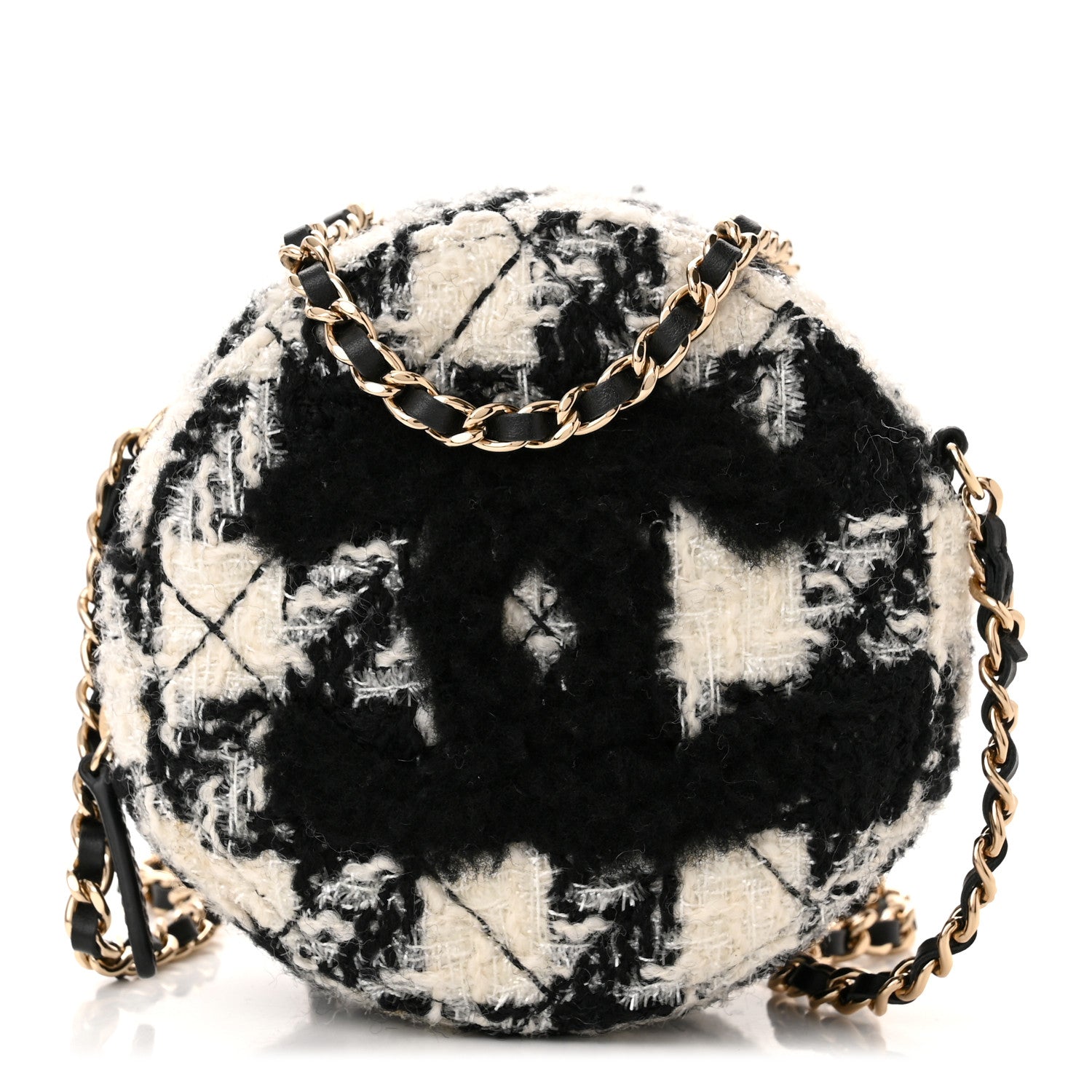 Chanel Tweed Shearling Round Clutch With Chain and Coin Purse Black and White 3 of 14