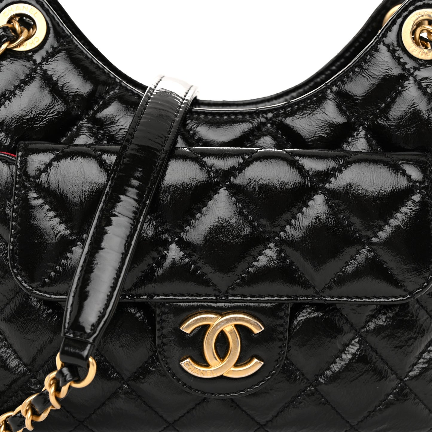 Shiny Crumpled Calfskin Quilted Small Wavy CC Hobo Black