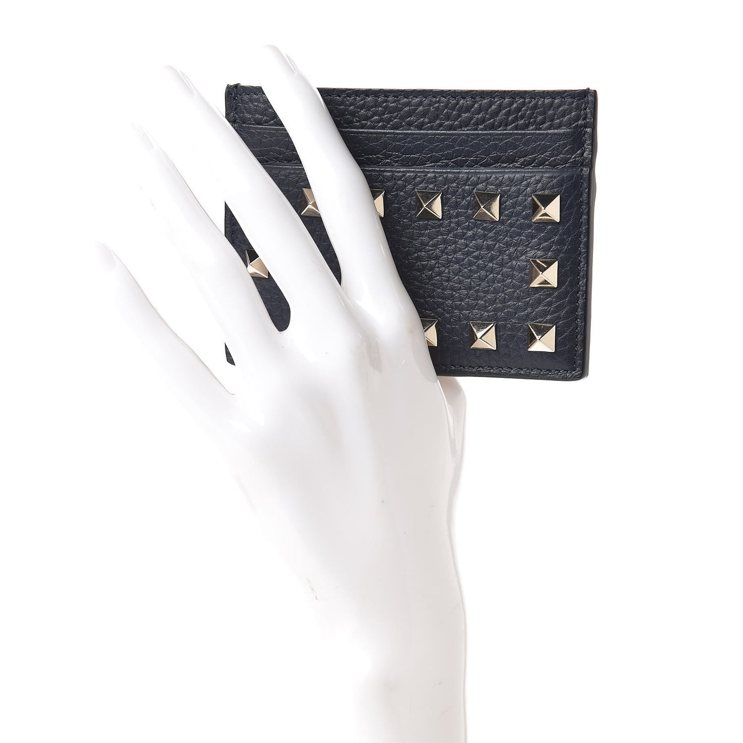 Pebbled Calfskin Rockstud Card Holder Dark Blue