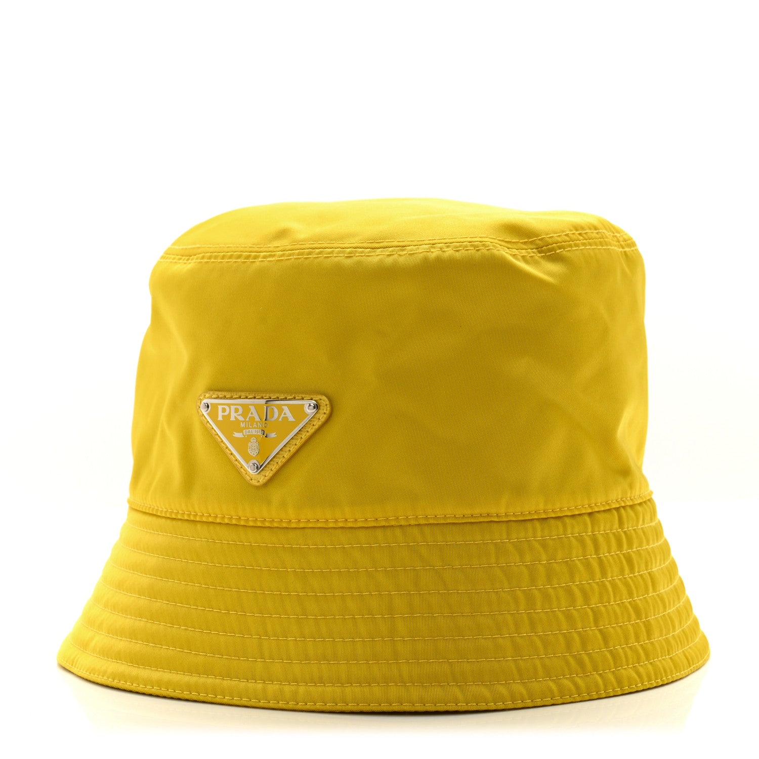 Prada Re-Nylon Metal Triangle Logo Mens Bucket Hat M Giallo 1 of 8